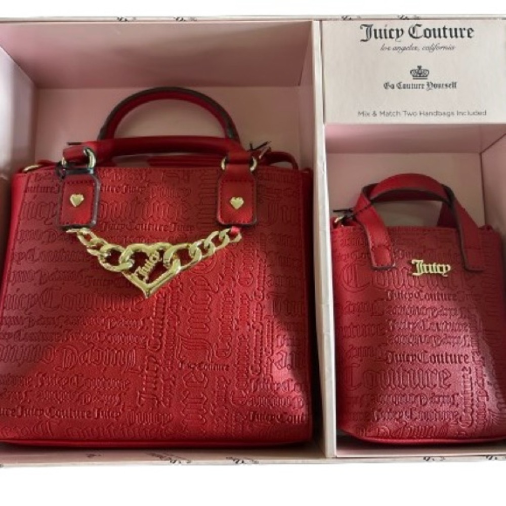 Juicy Couture Red Embossed Satchel Duo with Gold Chain Accent